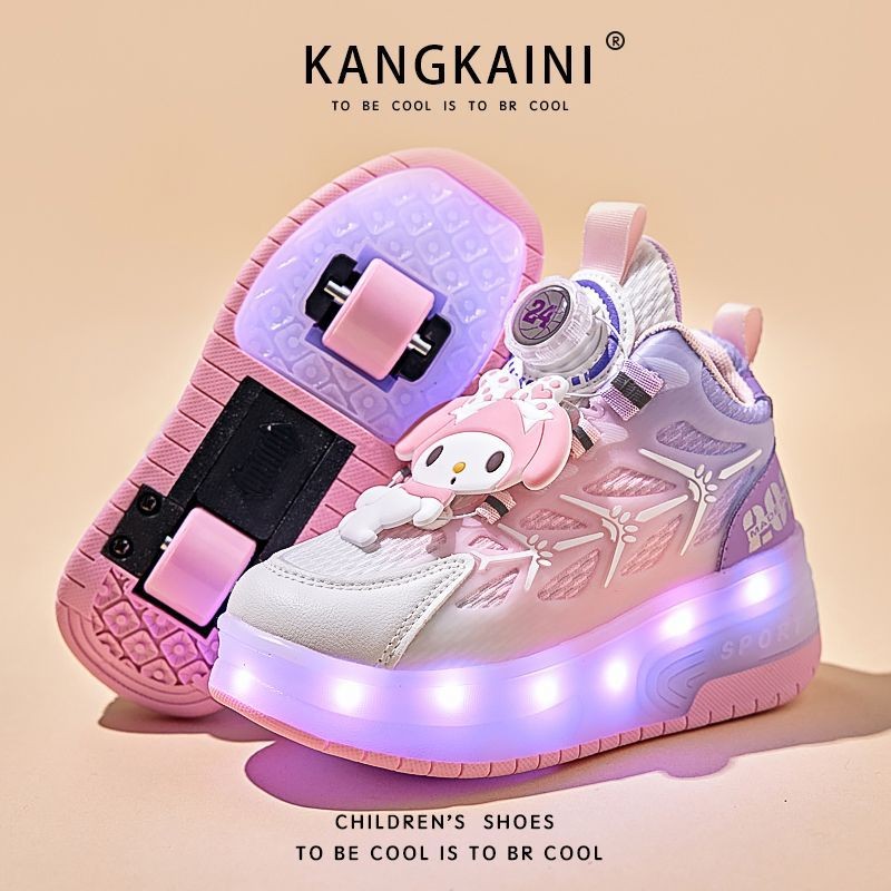 Meninas Kuromi novo estilo 2025 sapatos de fuga crianças luminosas roda dupla sapatos esportivos patins polias retráteis