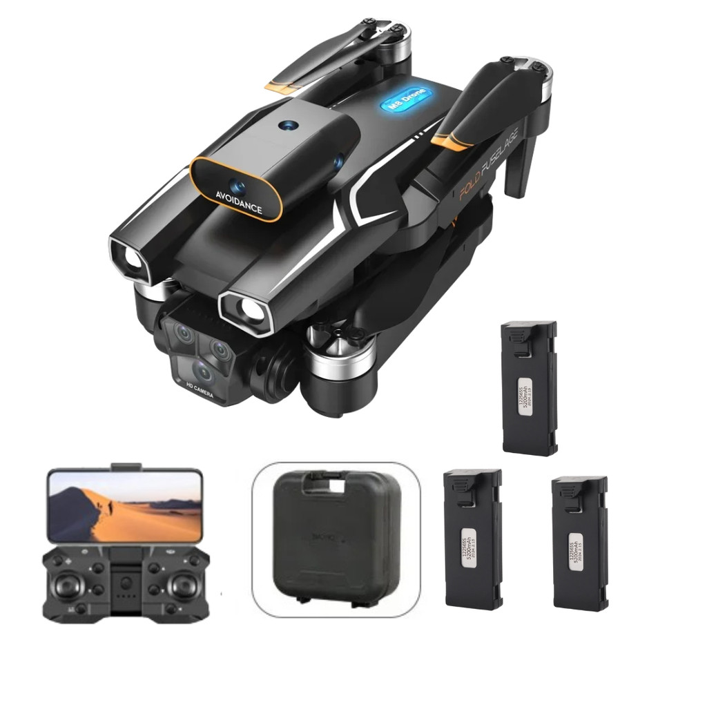 Drone M8 – Câmera Dupla HD, Motor Brushless, Evita Obstáculos, 3 Baterias