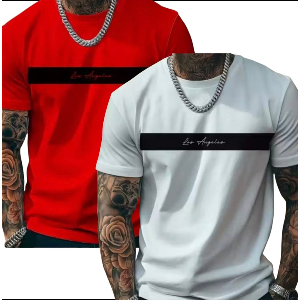 KIT 2 Camiseta Masculina Blusa 100% Algodão Los Angeles Confortavel Premium VERMELHA E BRANCA em Oferta na Shopee