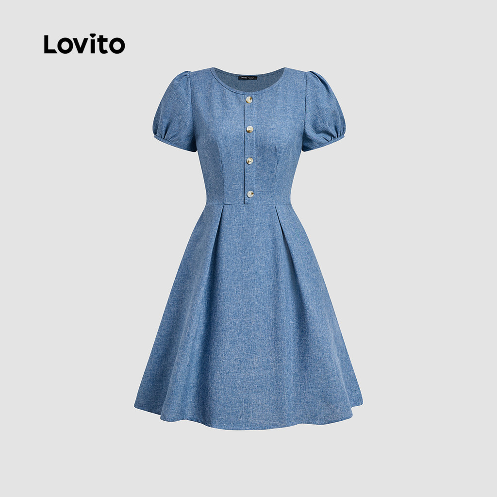 Detalhes do Lovito Vestido Elegante com Botões Primavera/verão Vestido Azul para mulheres L149ED262