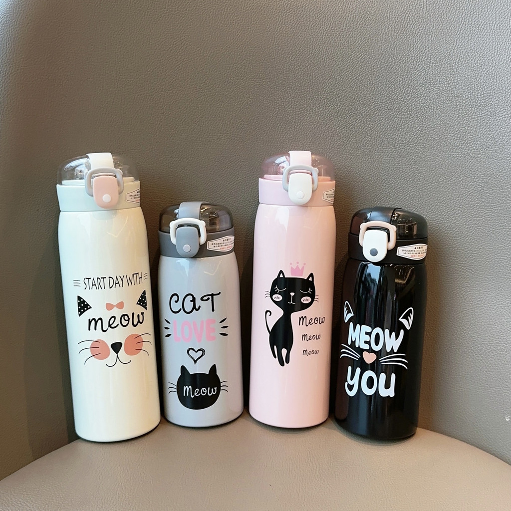 KIT Garrafa Térmica Infantil 350ml 500ml Gatinho Tampa com Trava Aço Inox Mantém Quente e Frio Escolar MB-259 em Oferta na Shopee