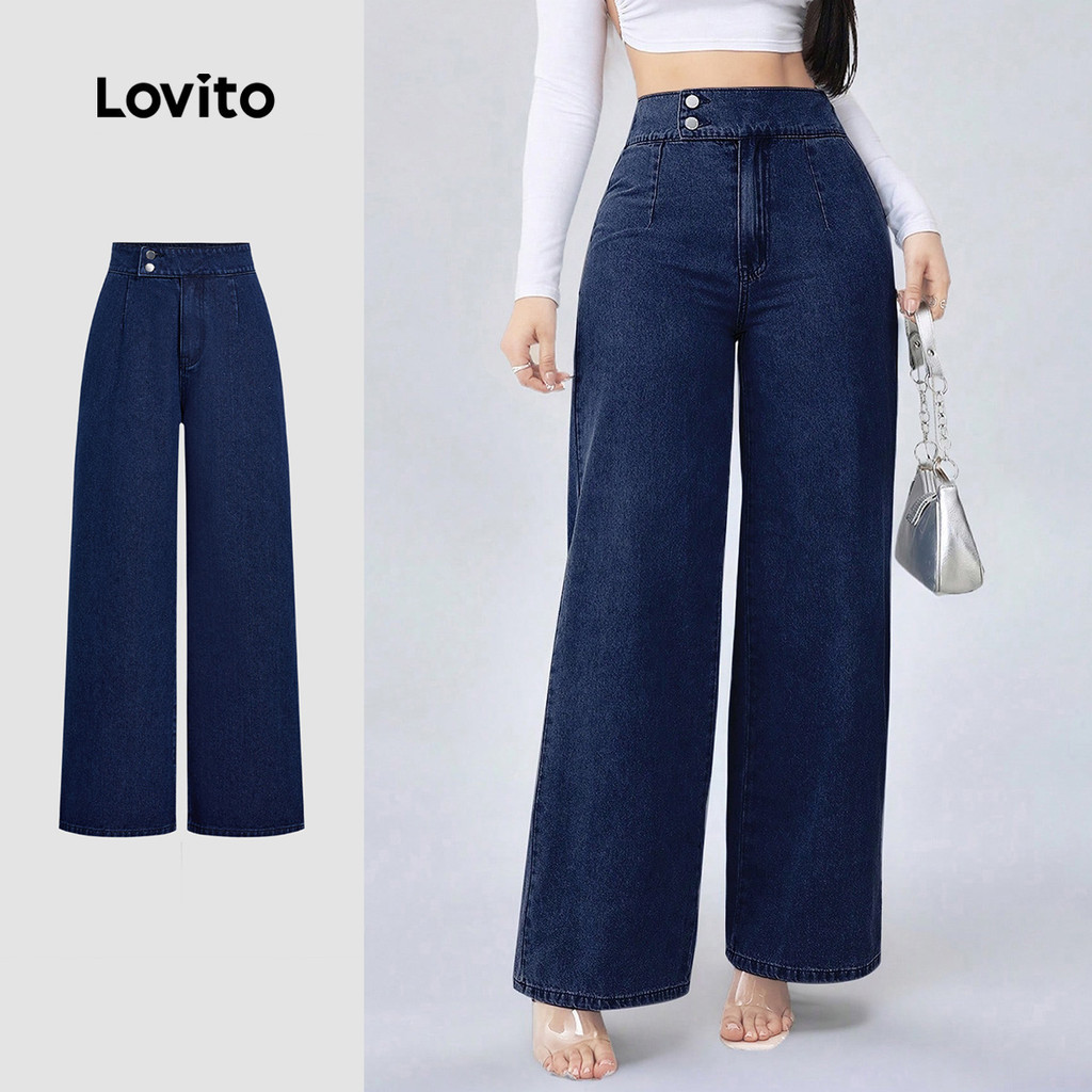 (NEW) Lovito Jeans Casuais Botão Zíper Lavado Primavera/verão Jeans Azuis Escuros para Mulheres L155ED901