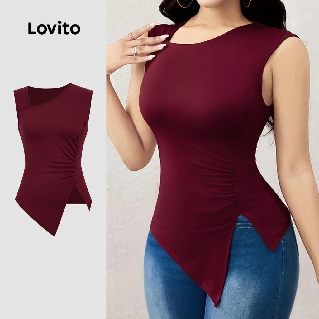 (NEW) Lovito Blusa Casual Assimétrica com Franzido Primavera/verão em Garça para Mulheres L155ED821 em Oferta na Shopee