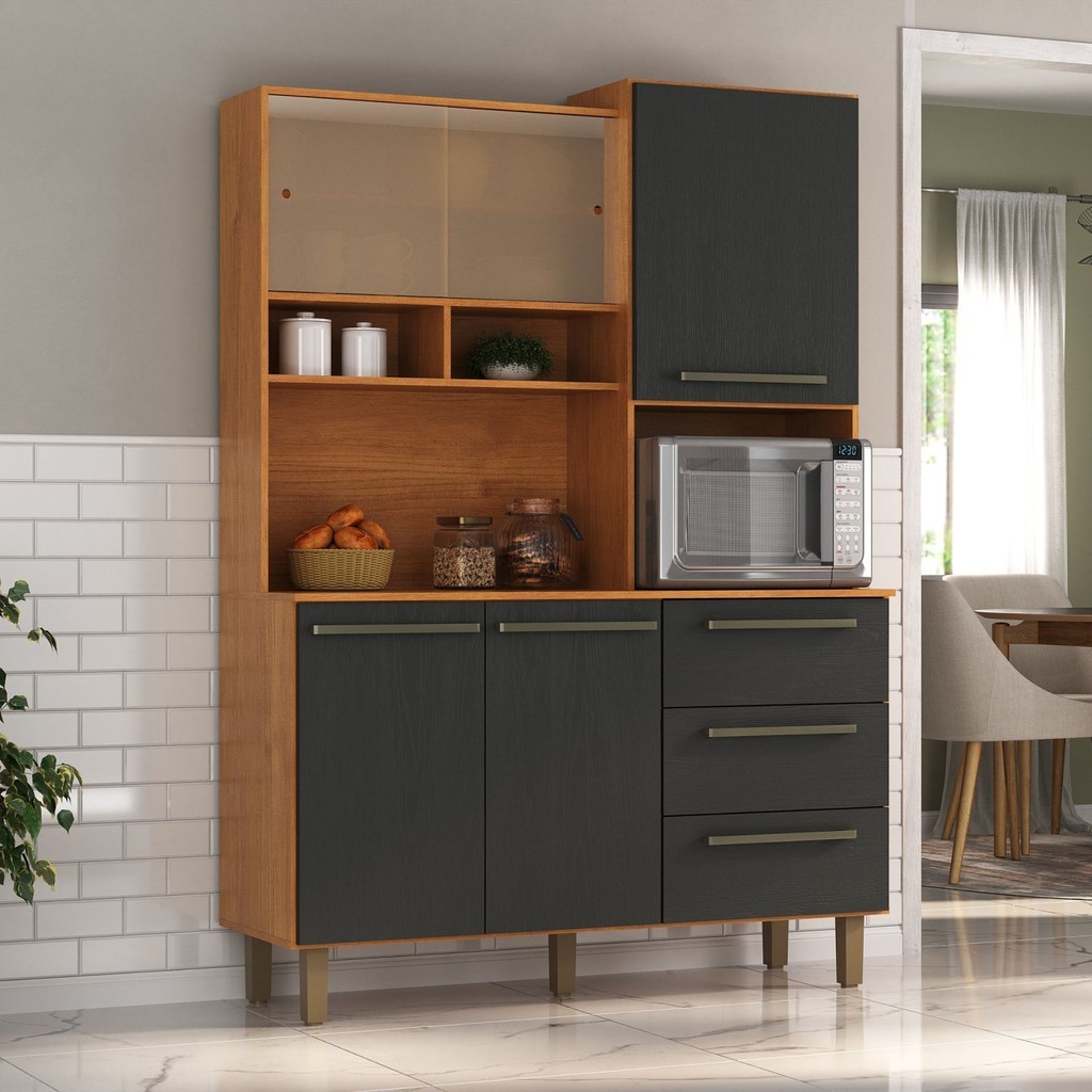 Armário de Cozinha 5 Portas 3 Gavetas Absoluto Cinamomo/Preto Catedral em Oferta na Shopee