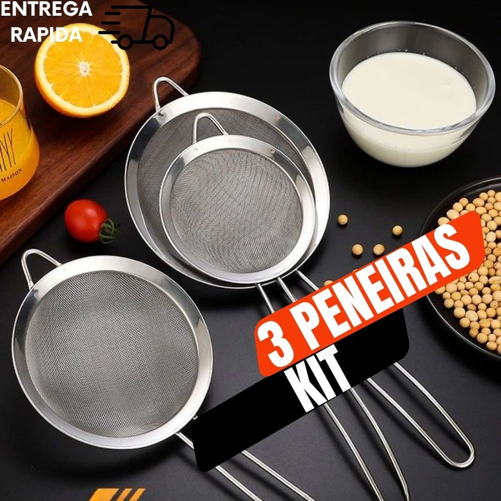 Jogo Kit 3 Peneiras Coador 12cm 16cm 20cm Multiuso Prático Excelente  Linha Premium Variáveis Utilidades
