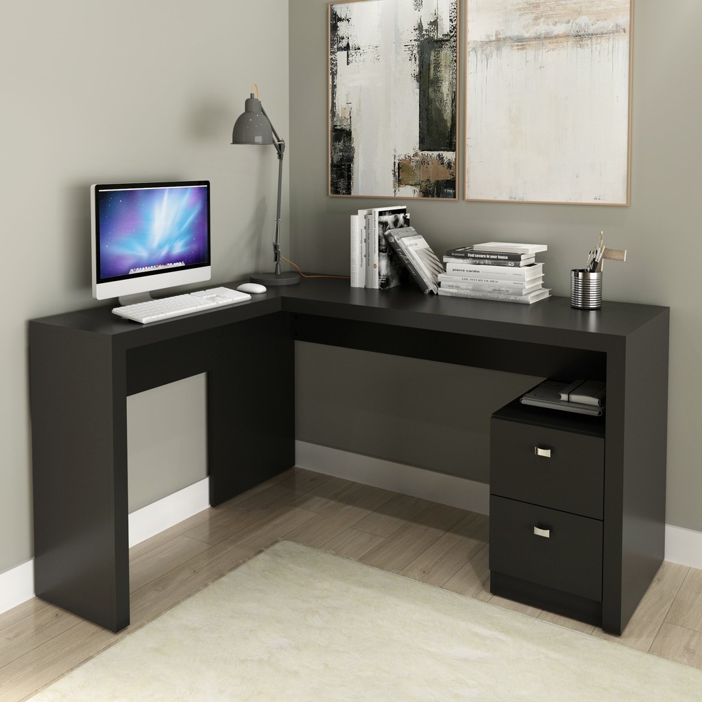 Escrivaninha Mesa Escritório 113x138,5cm em L com 2 Gavetas ME4129 Preto em Oferta na Shopee