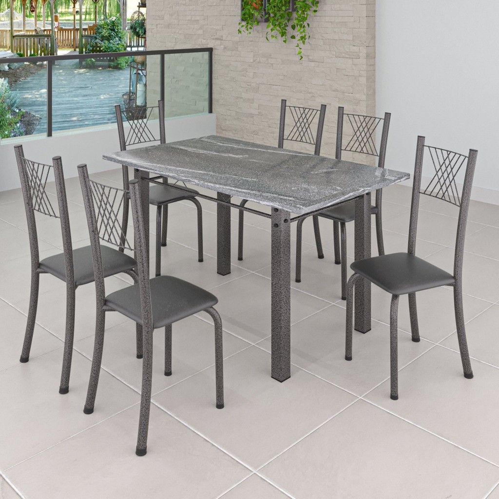 Conjunto Mesa com 6 Cadeiras Tampo de Granito Topázio Sara Yescasa Preto/Prata em Oferta na Shopee