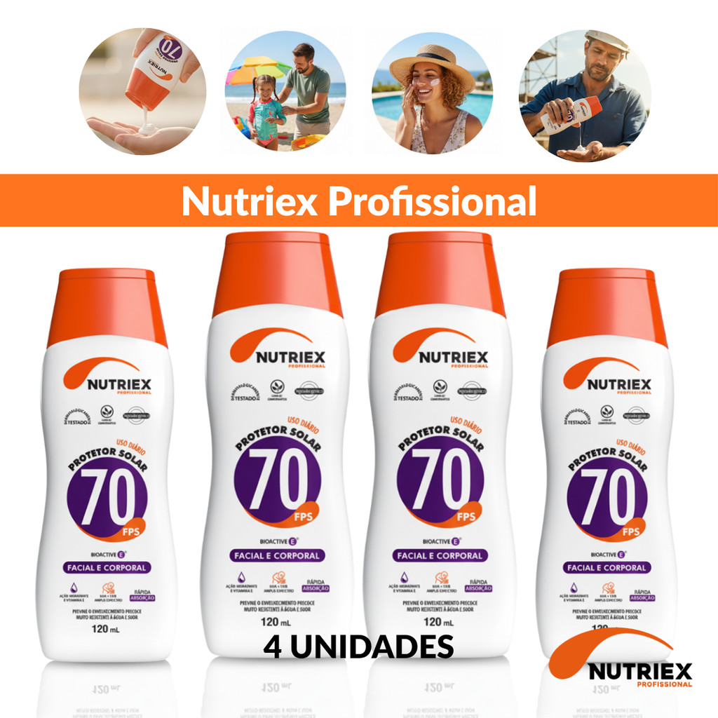 Kit 4 Protetores Solares Nutriex FPS70 Facial Corporal 120ml Uso Diário Vitamina E em Oferta na Shopee