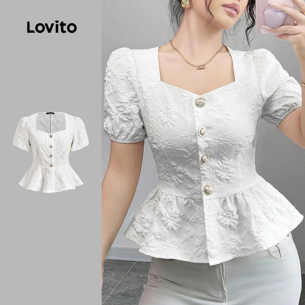 Lovito Blusa Casual de Jacquard com bainha lisa e babados para mulheres L129ED466 em Oferta na Shopee