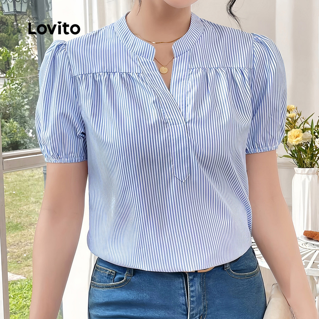 Detalhes do Lovito Blusa Feminina Casual Listrada com Estampa e Plissada L132ED269