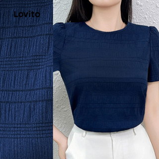Lovito Blusa Elegante Para Uso Diário Blusa Azul Marinho Simples Em Jacquard Primavera/verão Para Mulheres L138ED085 em Oferta na Shopee