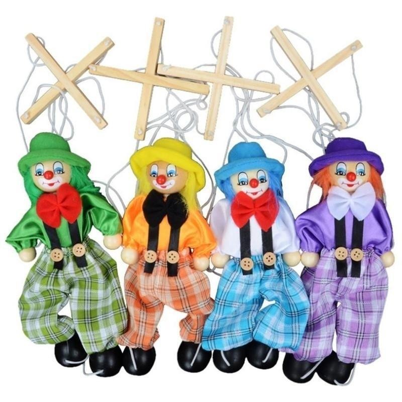 Puxar Corda Fantoche Palhaço De Madeira Marionete Atividade Conjunta Boneca Vintage Criança Brinquedo