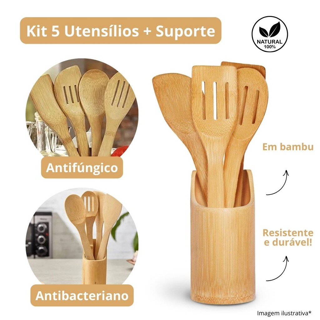 Kit 5 Utensílios P/ Cozinha em Bambu + Suporte 23070 - Vencedor em Oferta na Shopee