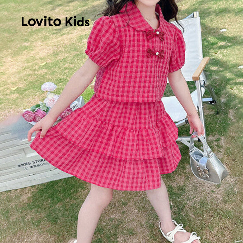 Lovito Kids Conjunto de Saia Casual com Botões em Duas Camadas Primavera/verão Saia Rosa vermelha LNL111171 em Oferta na Shopee