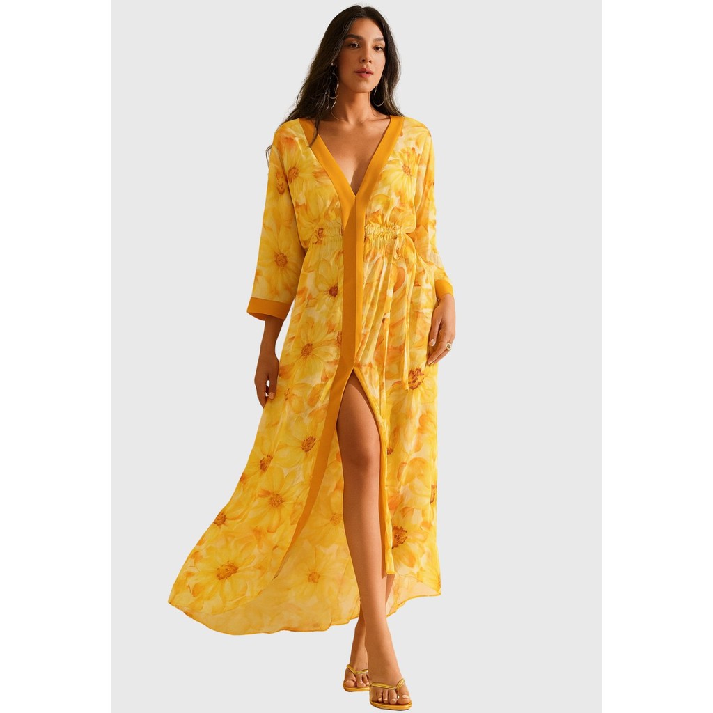 Vestido Solto Decote V Manga 7 Oitavos Midi Morena Rosa