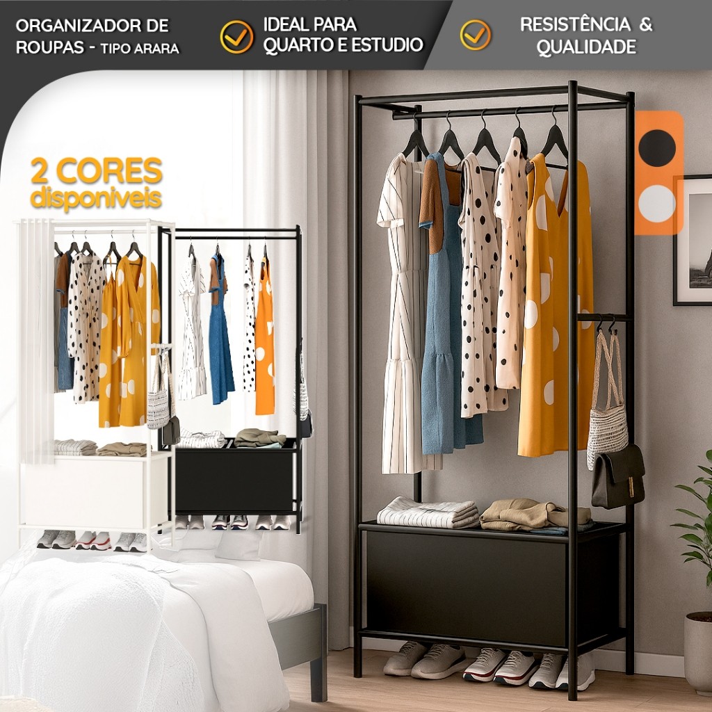 Arara Cabideiro de Metal com Prateleiras e Suporte para Roupas e Calçados – Estrutura Reforçada