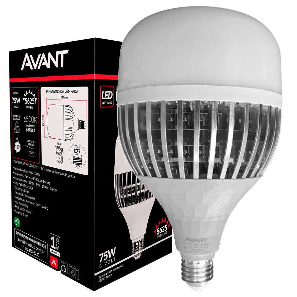 Lâmpada Bulbo Hp Led E27 Branco Frio 6500K 75w Bivolt Avant