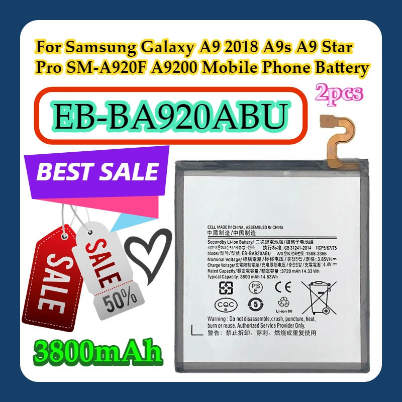 2 Peças Para Samsung Galaxy A9 2018 A9s A9 Estrela Pro SM-A920F A9200 Telefone Móvel EB-BA920ABU 3800mAh Bateria