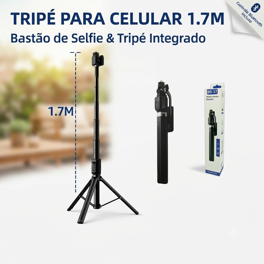 Tripé Para Celular E Bastão De Selfie 1.7m Com Controle Bluetooth Remoto Profissional Portátil Universal