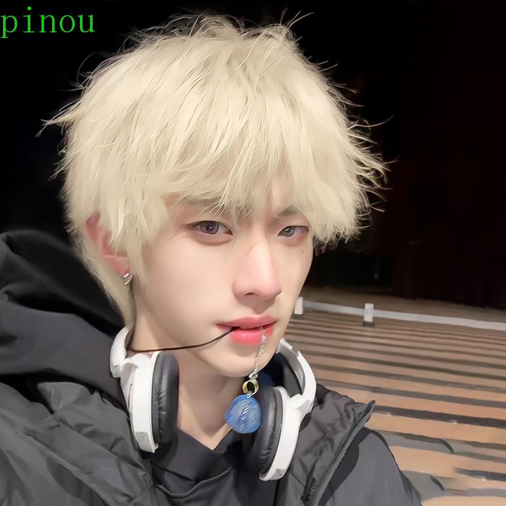PINOU Anime Perucas Masculinas , Peruca Curta E Reta Fofa De Cabelo Sintético Cosplay Masculina Marrom Resistente Ao Cal