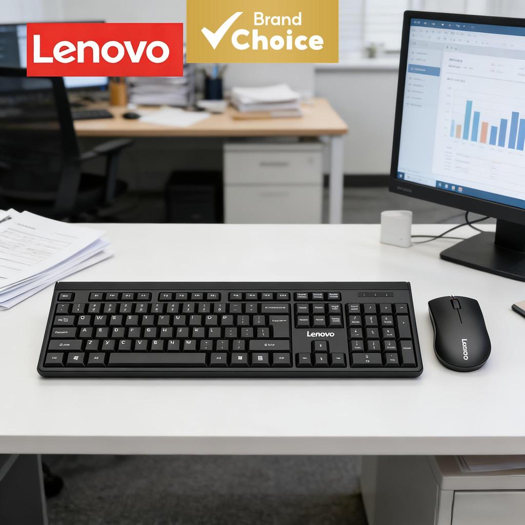 Combo de Teclado e Mouse Lenovo Sem Fio 2.4G, Teclado Completo 104 Teclas + Mouse 1200DPI, Plug-and-Play para