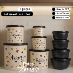 Kit de potes mantimentos cozinha 5 peças + 4 potes organizadores