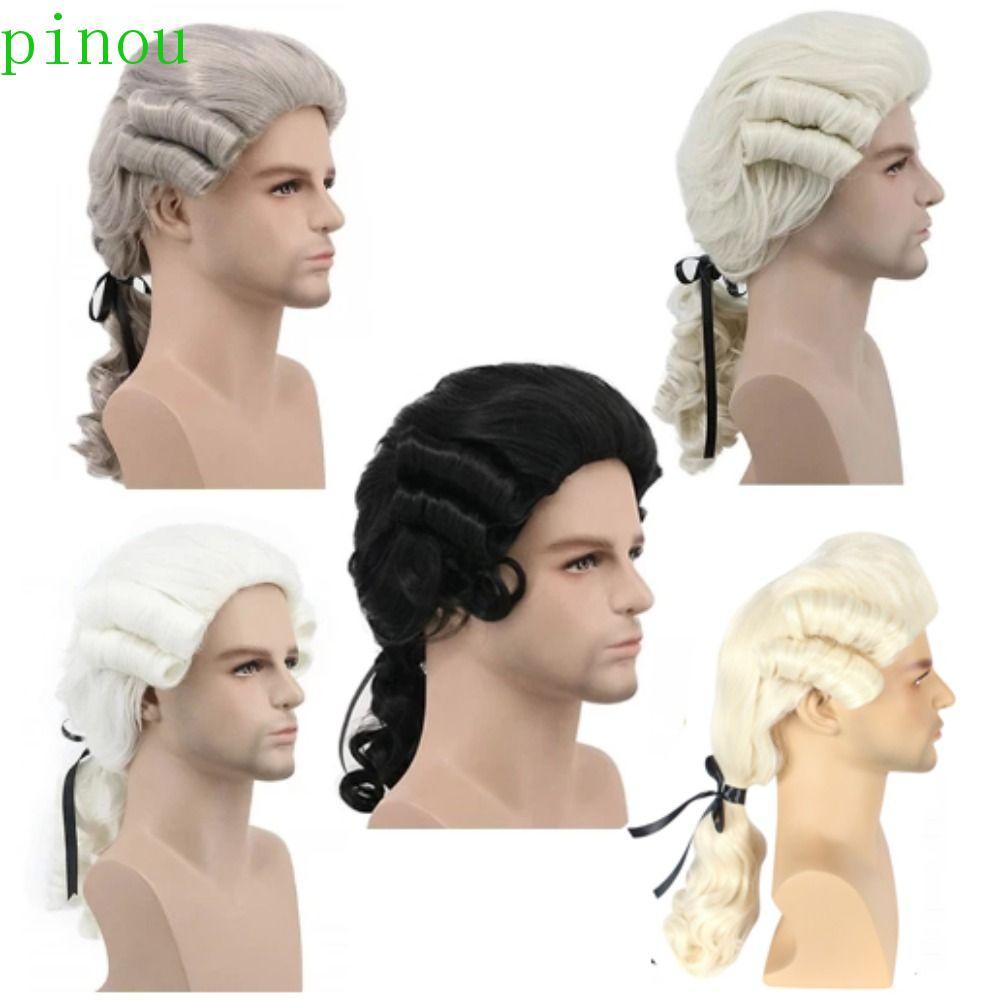 PINOU Barroco Cosplay Peruca Encaracolada , Histórico Deluxe Advogado Juiz , Halloween Masculino Perucas Cinza Traje
