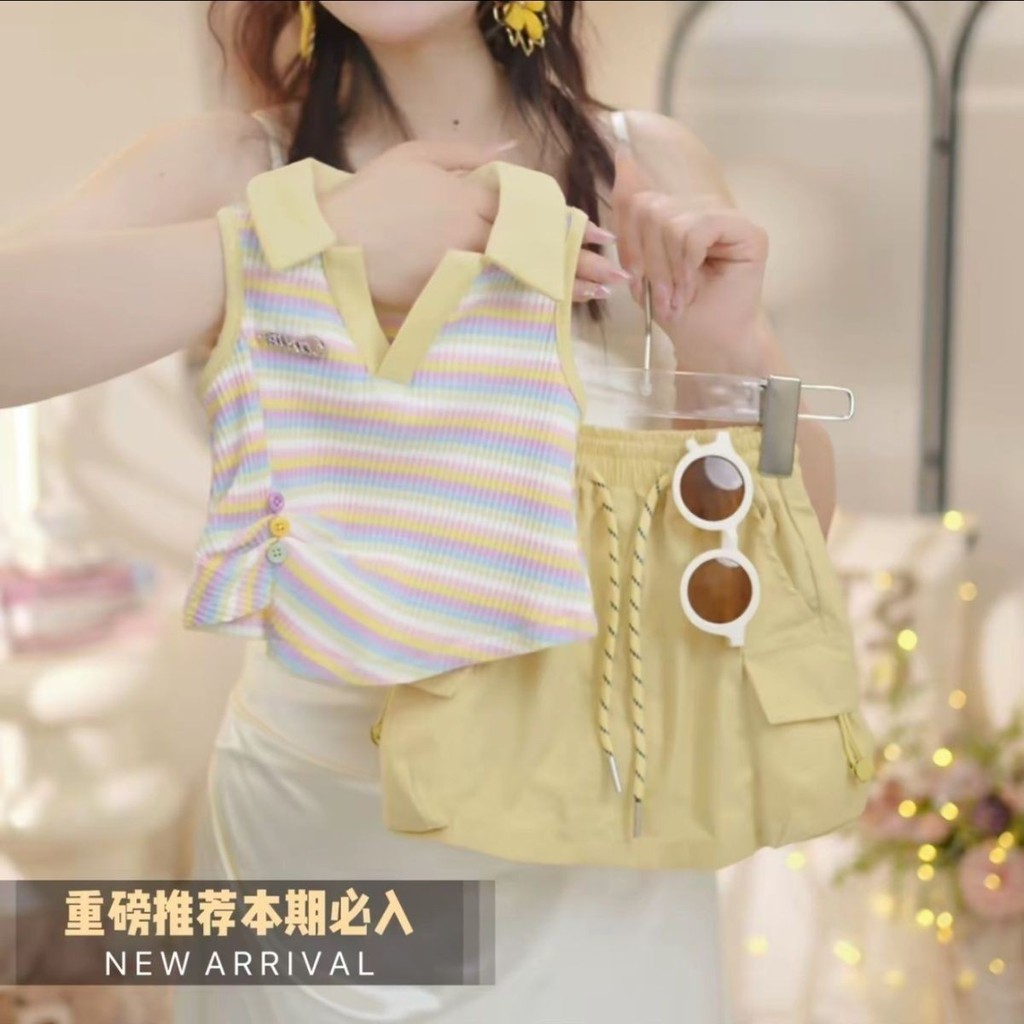 Meninas terno de verão 2026 novo estilo doce moda estilo ocidental colete listrado camisa polo meia saia saia geral 6.15