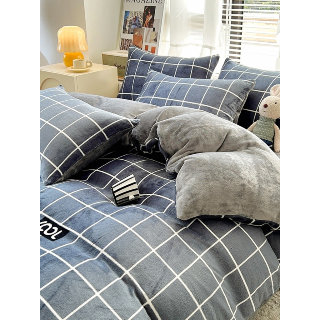 Conjunto de quatro peças de lã de leite grosso estilo inverno Coral velo lençol dupla face velo colcha capa flanela velo