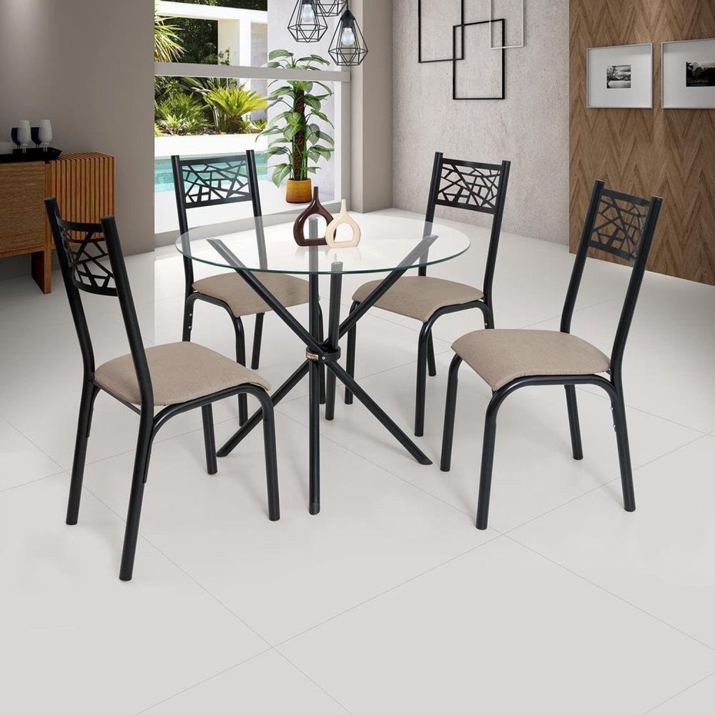 Conjunto Sala de Jantar Mesa Jade 90cm Tampo Vidrocom 4 Cadeiras Bege/Preto/Linho Preto/Linho Bege