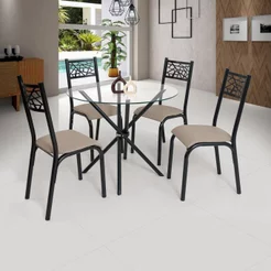 Conjunto Sala de Jantar Mesa Jade 90cm Tampo Vidrocom 4 Cadeiras Bege/Preto/Linho Preto/Linho Bege