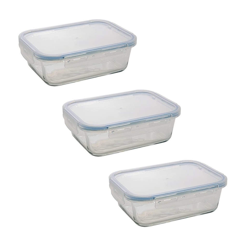 Jogo 3 Pote De Vidro 1L Marmita Bpa Free Micro-ondas Freezer Mantimentos Alimentos Reutilizável Fitness 4 Travas Tampa