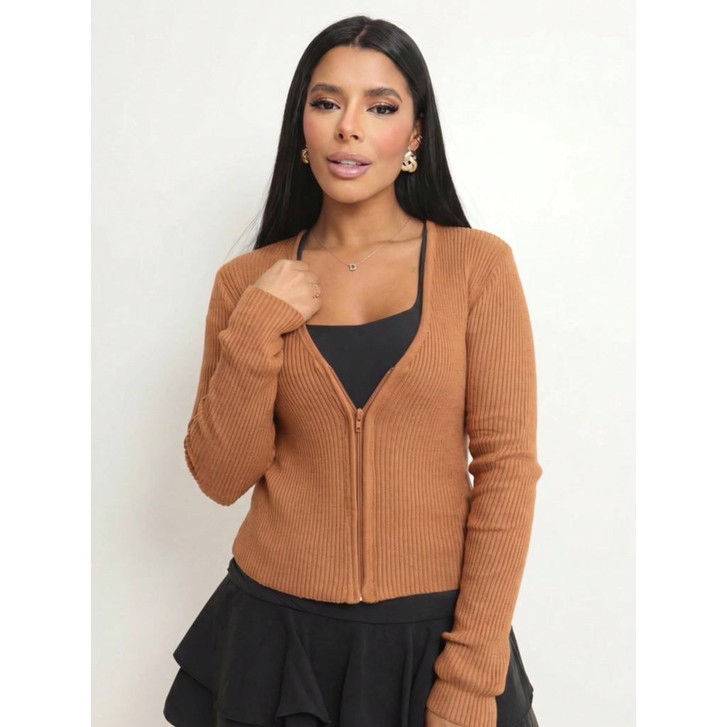 Cardigan slim em malha Canelado Jaqueta com zíper justo Tricot Casaquinho Blusa Feminina Manga comprida aberta elegante