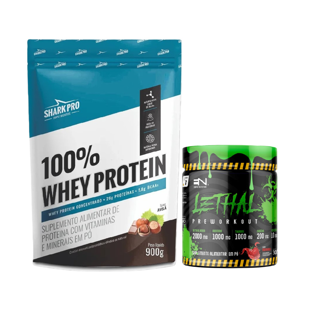 Kit 100% Whey Protein Shark Pro 900g Avela + Pré Treino Lethal 300g Morango