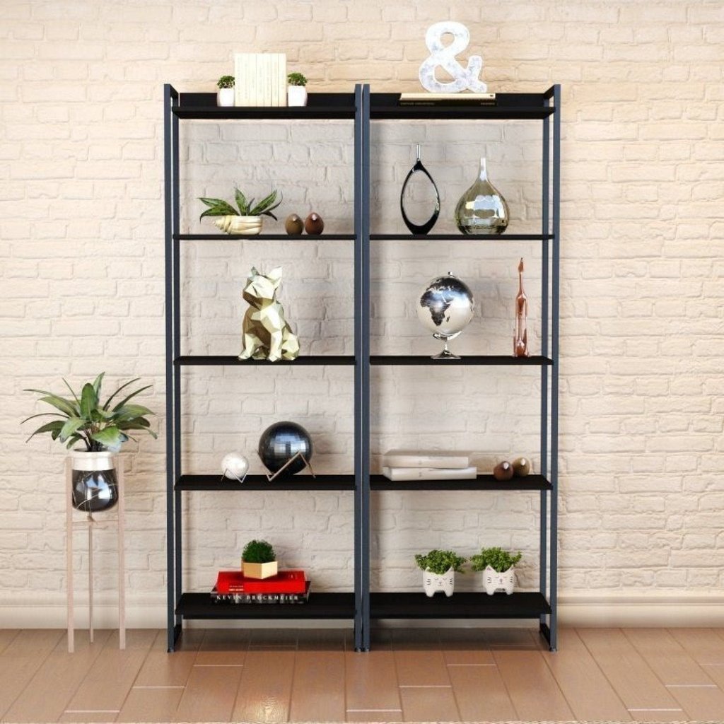 Kit 2 Estantes para Livros Altas Industrial Aço 5 Prateleiras 187CMX60CM Active Yescasa Preto/Ônix