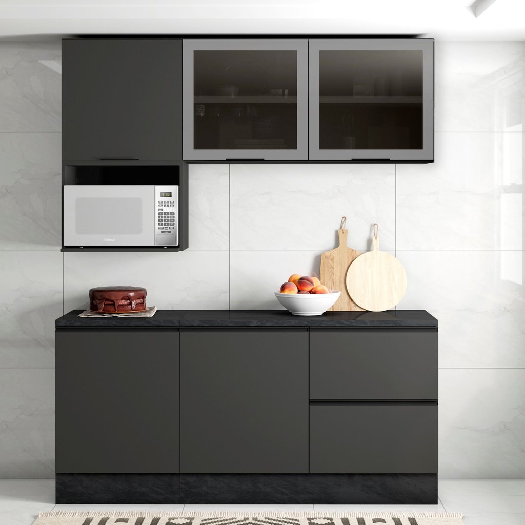 Cozinha Modulada Completa 5 Peças 5 Portas 3 Gavetas com Portas Vidro Fumê Etna Cinza/Grafite Grafite