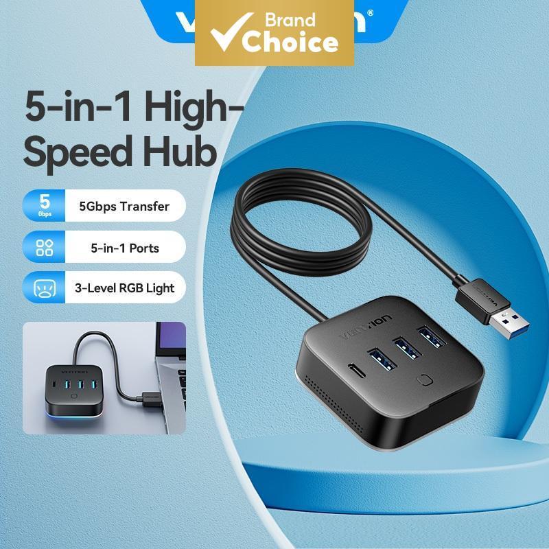 Venção USB Hub de Mesa 4 Portas 5 em 1 HUB RGB para Computadores/Hosts/Dispositivos de Armazenamento de Alta Capacidade