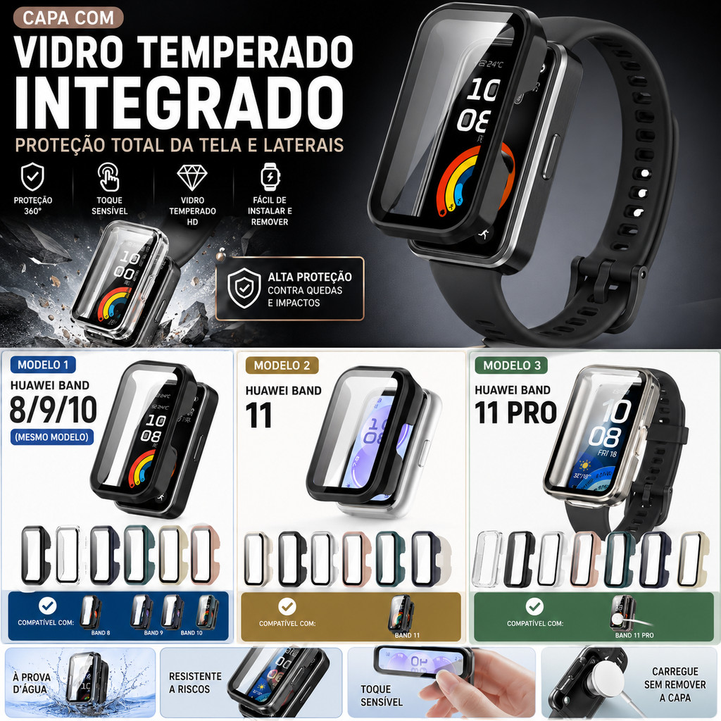 Capa com Vidro Temperado Integrado para Huawei Band 8 9 10 11 11 Pro | Proteção Total da Tela e Laterais