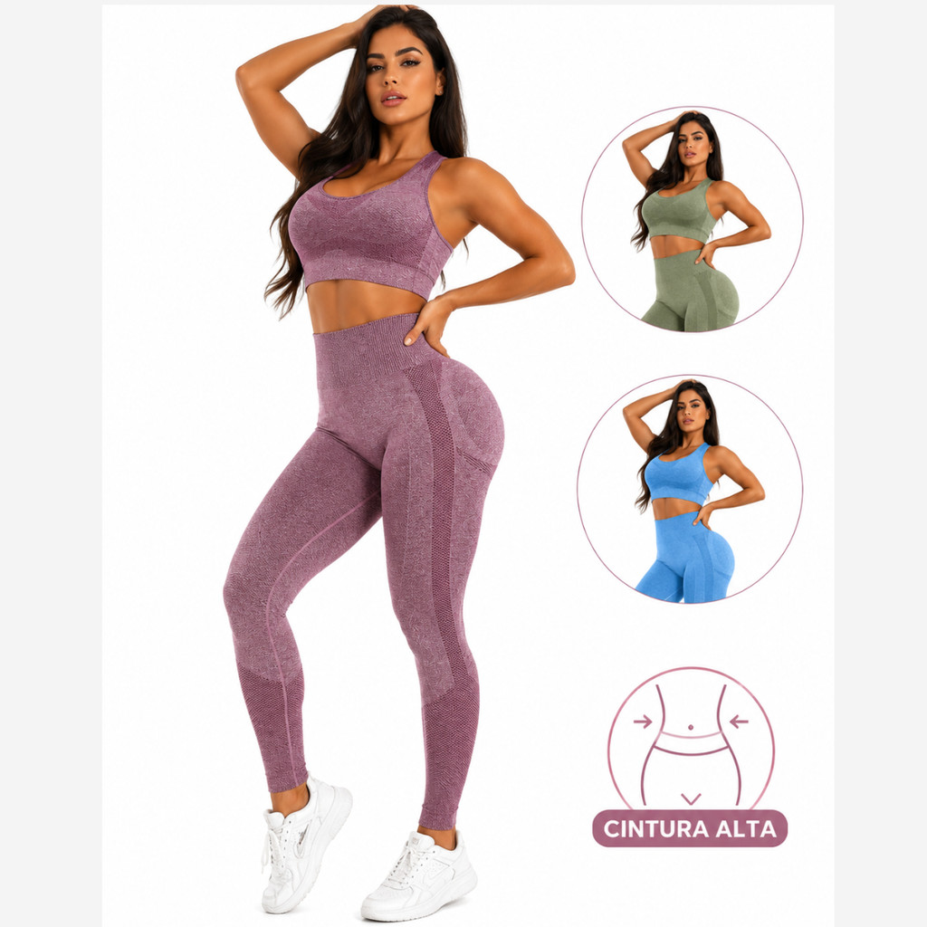 Conjunto Academia Feminino Top e Calça Cintura Alta Levanta Bumbum Sem Costura Academia Yoga Treino