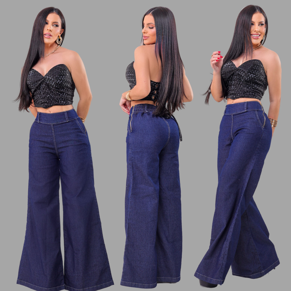 Calça Flare Feminina Widi Leg Jeans Escuro | Modelagem Confortável com Zíper Lateral e Cós Ajustável em Oferta na Shopee