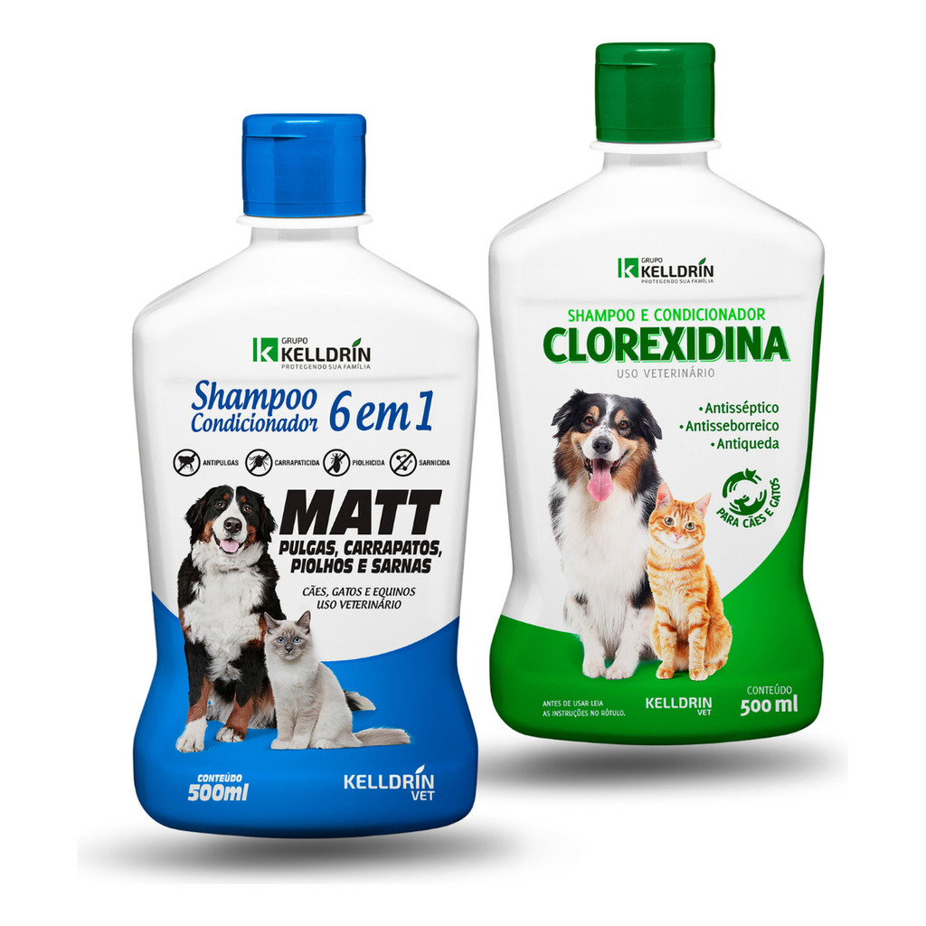 Kit Shampoo e Condicionador Kelldrin Clorexidina 500ml 5 em 1 + Matt 6 Em 1 Anti Carrapato Piolho Pulga Sarna