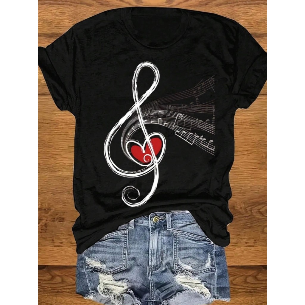 Camiseta Feminina Premium Preta Tema Musical, Estampa Coração Chave de Sol, Oversized 100% Algodão Confecção Própria