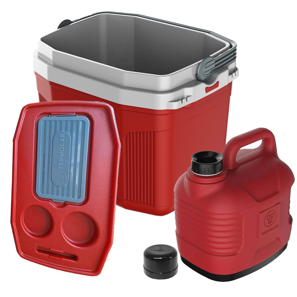 Kit Praia Caixa Cooler Térmico 20 Litros Cabe 26 Latas + Garrafão Garrafa 5 Litros Cor Vermelho