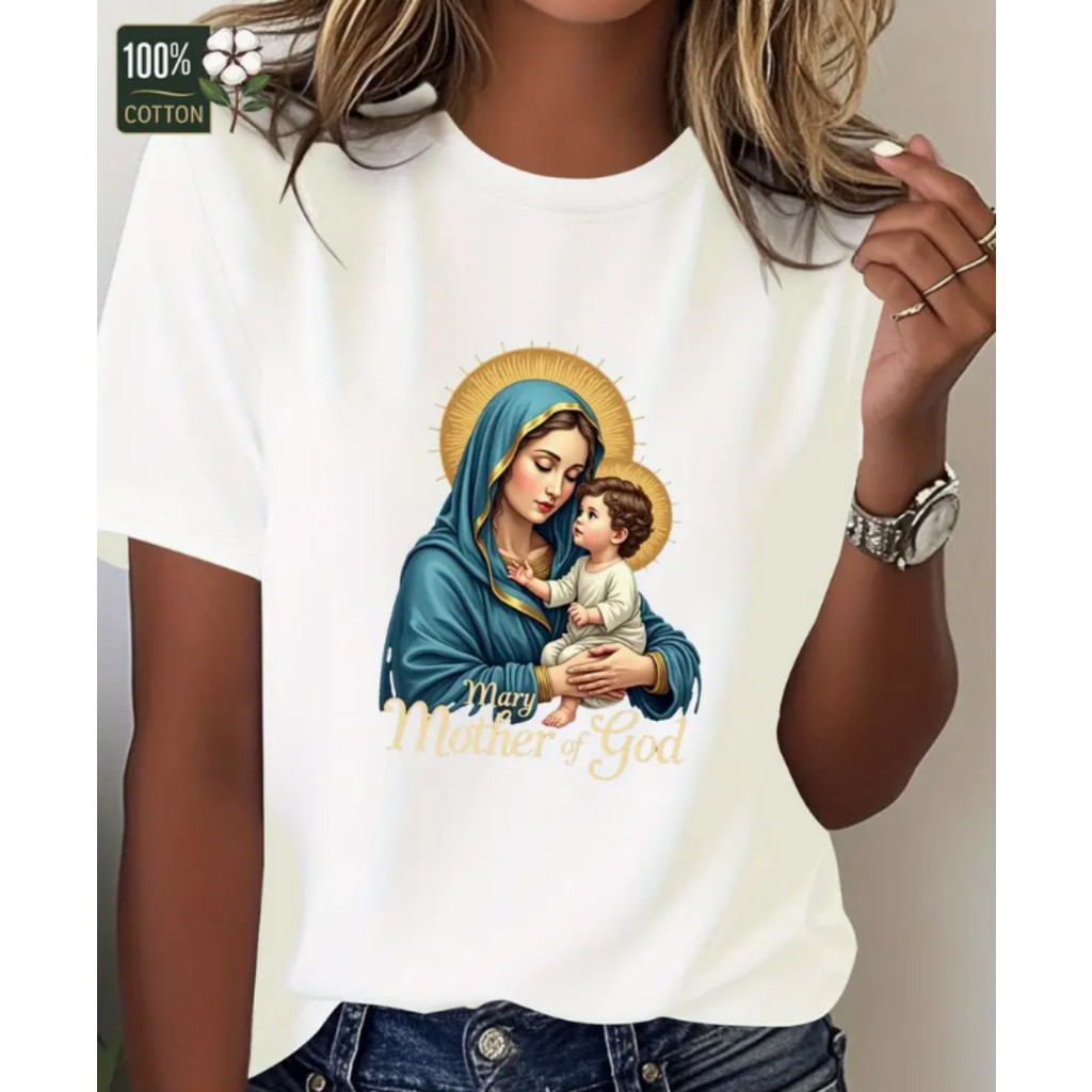 Bonito Camiseta Feminina Casual E Confortável De Verão Em Algodão Com Estampa Azul E Dourada Da Virgem Maria E Jesus