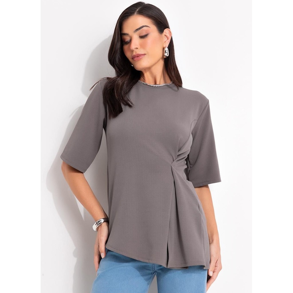 Blusa Em Malha Crepe Cinza Quintess em Oferta na Shopee