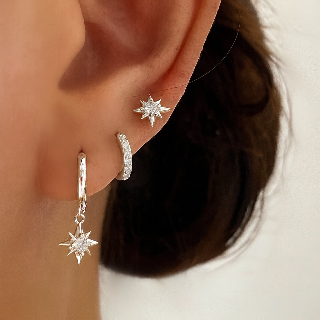 Kit 3 pares de brincos elegantes femininos em formato de estrela, em prata 925, com zircônias e banho de ouro 18K em Oferta na Shopee