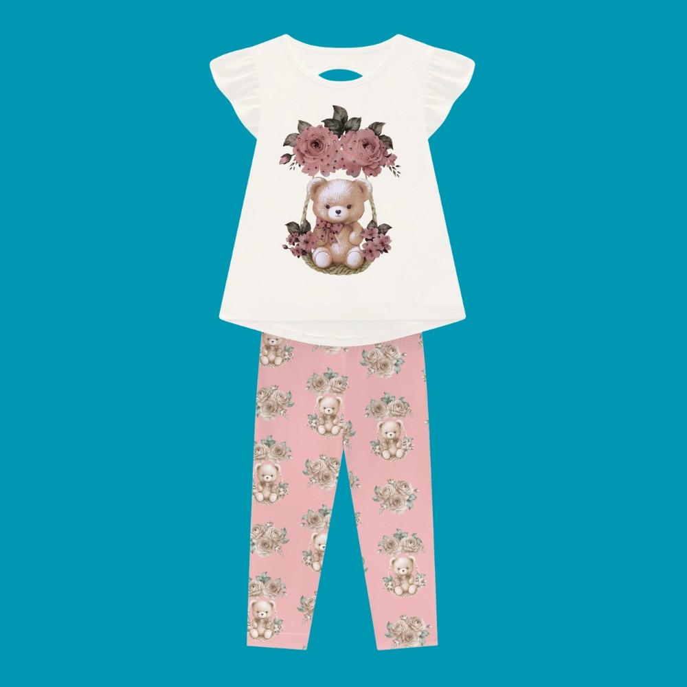 Conjunto Menina Milon Cotton Blusa e Legging Estampa Ursinhos Off/Rosa em Oferta na Shopee