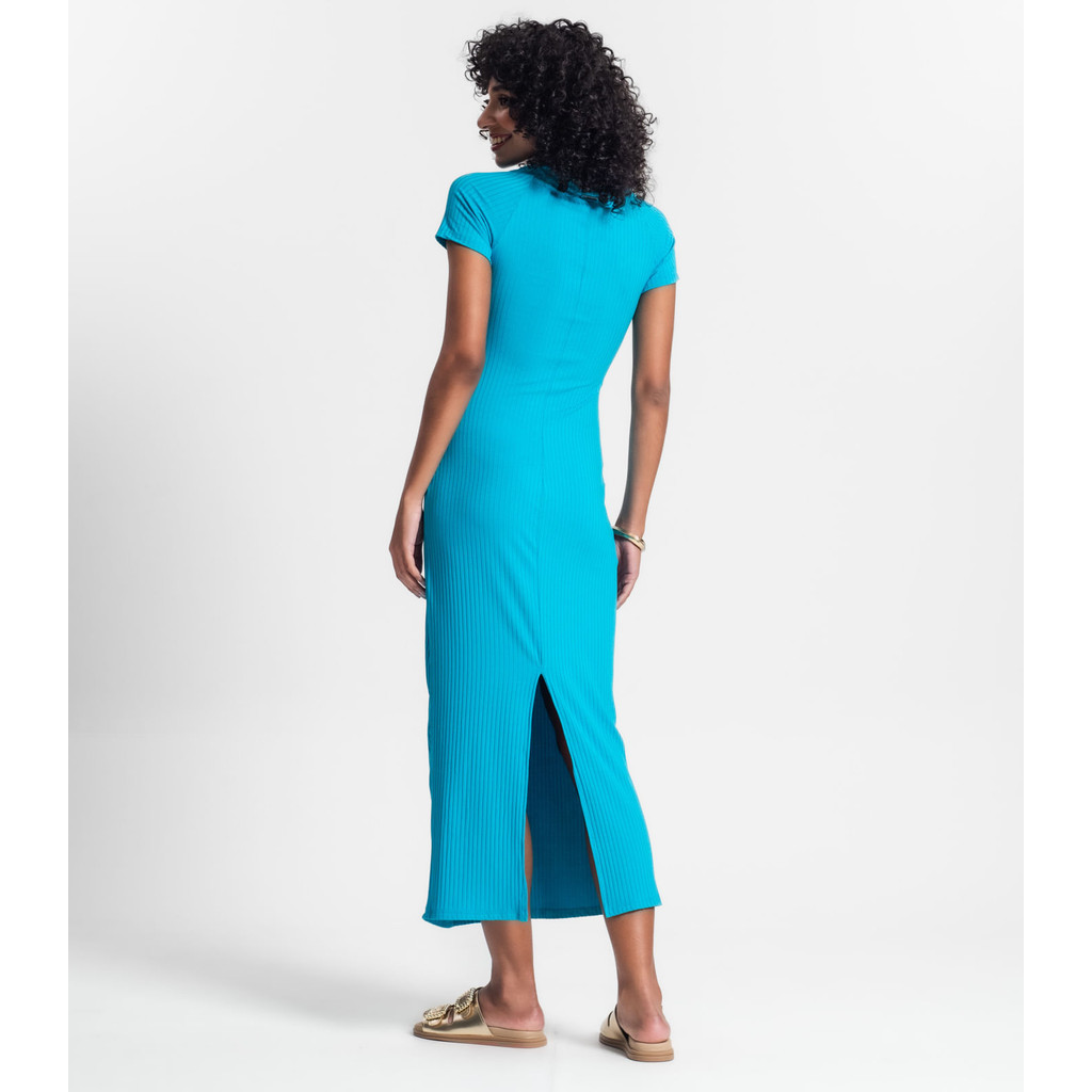 Detalhes do Vestido Midi Em Ribana Canelada Rovitex Azul