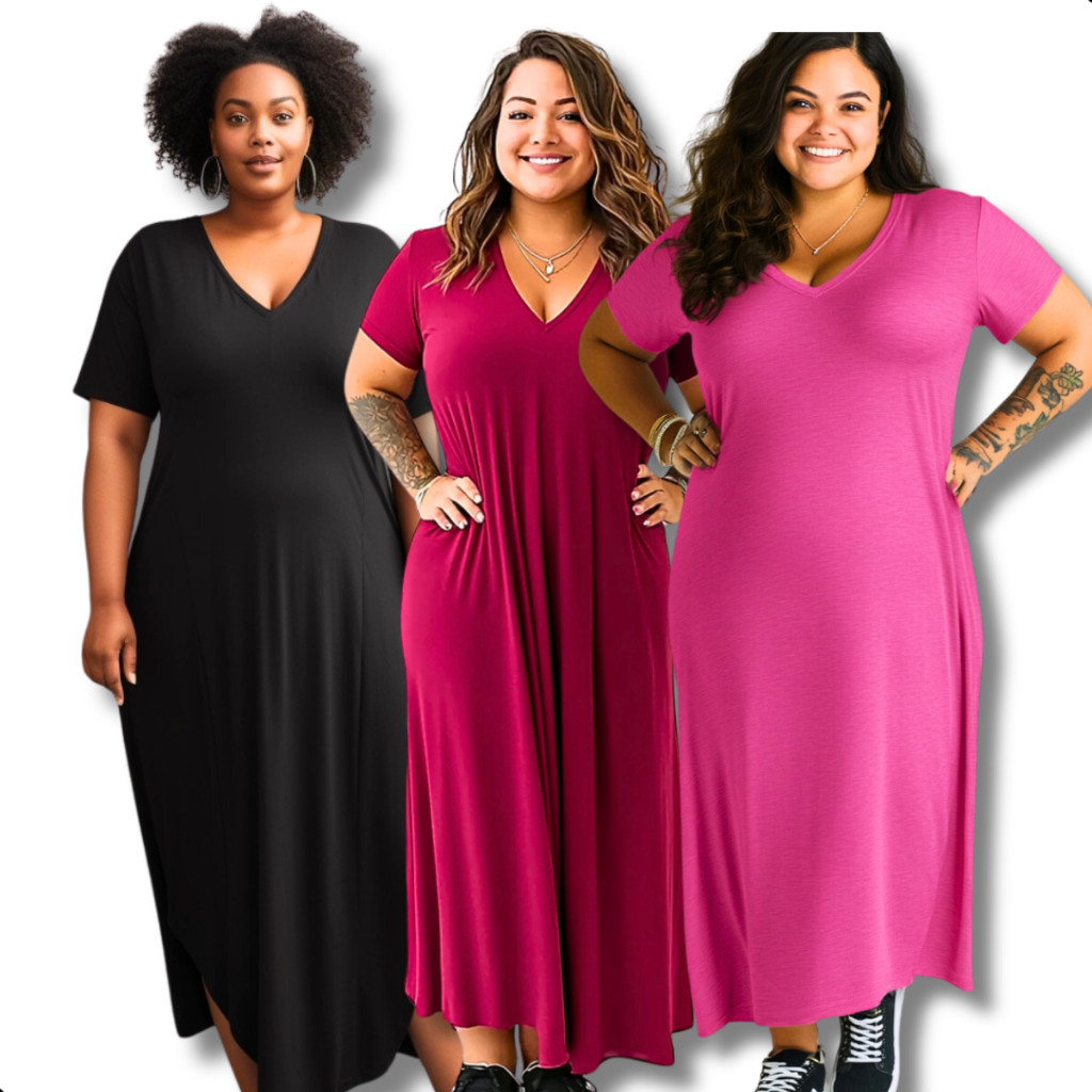 Kit Vestido Feminino Longo Saruel Midi Com Fenda Lateral Liso Elegante em Oferta na Shopee