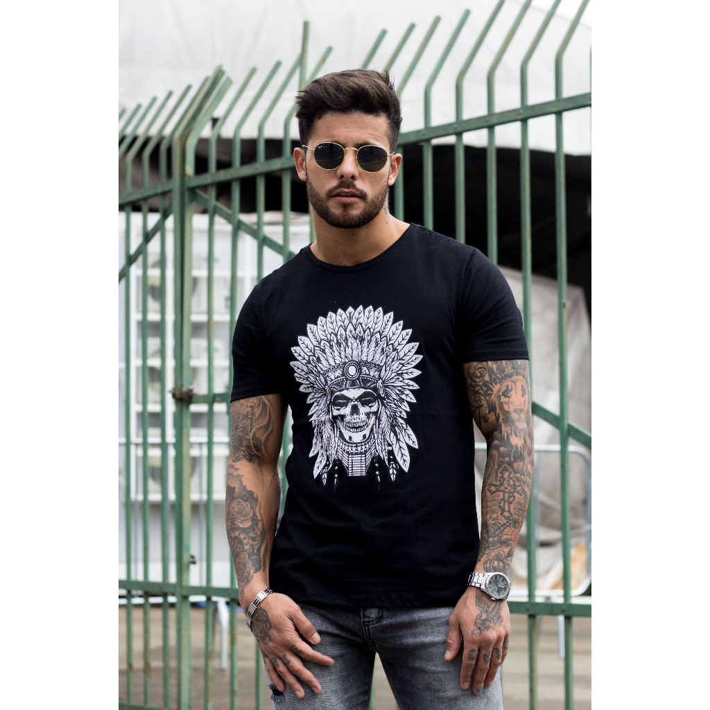 Camiseta Masculina Indio Americano - Estampa de Índio Americano - 100% Algodão